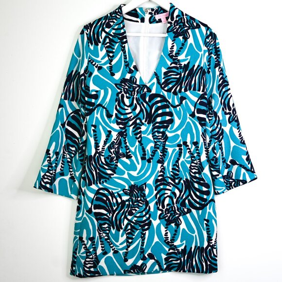 LILLY PULITZER Navy Teal White Zebra Print Long Sleeve Shift Dress - Size 2 - Picture 2 of 12